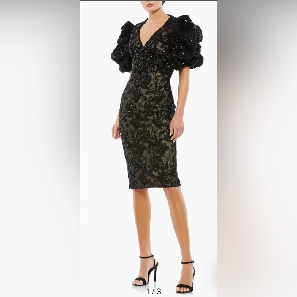 Mac Duggal Black Beaded Puff Sleeve Cocktail Dress